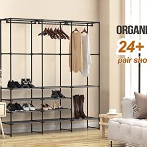 Kertnic 4-Tier Shoe, Boots Rack Storage Organizer for Entryway, Free Standing Black Versatile Shoe Shelf Stand with Coat Hanging Garment Rack for Bedroom (upgrade)