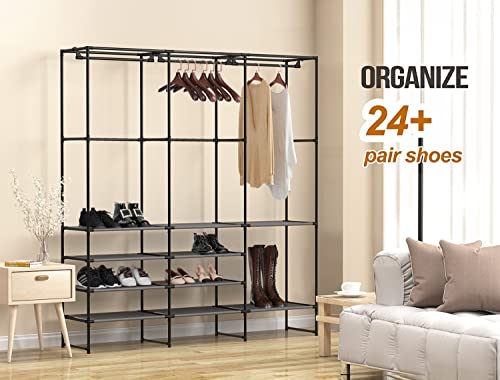 Kertnic 4-Tier Shoe, Boots Rack Storage Organizer for Entryway, Free Standing Black Versatile Shoe Shelf Stand with Coat Hanging Garment Rack for Bedroom (upgrade)