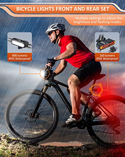 ONVIAN Rechargeable Bike Light Front and Rear Set for Night Riding, Ultra Bright Bicycle Headlight and Bike Tail Light Turn Signals with Bike Alarm, Waterproof Bike Accessories for Adult Kids Cycling