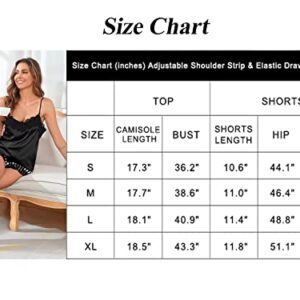 Jusfitsu Womens Pajama Sets Sexy Lingerie for Women Silk Pajamas Lace Camisole and Elastic Drawstring Shorts Summer Pj Set Sleepwear, Black, L