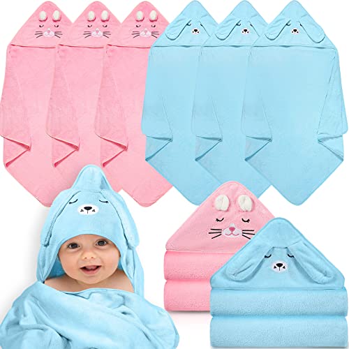 Mixweer 6 Pieces Baby Hooded Towels Coral Fleece Baby Bath Towel 31.5 x 31.5 Inch Absorbent Soft Bath Towel Baby Towel Set with Cute Design Baby Shower Towel Gift for Newborns, Infants and Toddlers