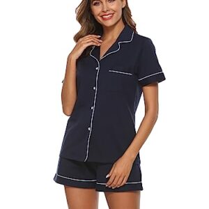 EA'S SECRET Womens Pajamas Set 100% Cotton Soft Short Sleeve Sleepwear Button Down Nightwear Summer Pj Sets S-XXL(Navy Blue,M)