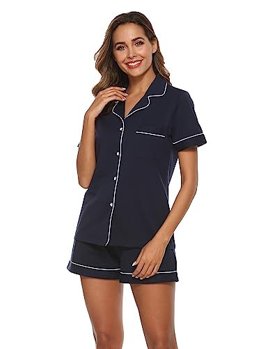 EA'S SECRET Womens Pajamas Set 100% Cotton Soft Short Sleeve Sleepwear Button Down Nightwear Summer Pj Sets S-XXL(Navy Blue,M)