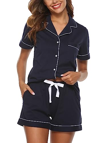 EA'S SECRET Womens Pajamas Set 100% Cotton Soft Short Sleeve Sleepwear Button Down Nightwear Summer Pj Sets S-XXL(Navy Blue,M)