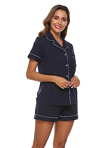 EA'S SECRET Womens Pajamas Set 100% Cotton Soft Short Sleeve Sleepwear Button Down Nightwear Summer Pj Sets S-XXL(Navy Blue,M)