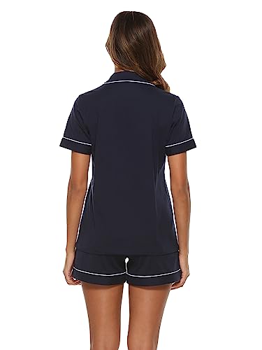 EA'S SECRET Womens Pajamas Set 100% Cotton Soft Short Sleeve Sleepwear Button Down Nightwear Summer Pj Sets S-XXL(Navy Blue,M)