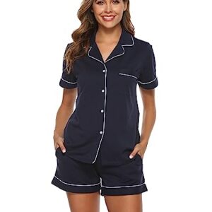 EA'S SECRET Womens Pajamas Set 100% Cotton Soft Short Sleeve Sleepwear Button Down Nightwear Summer Pj Sets S-XXL(Navy Blue,M)