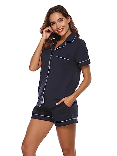 EA'S SECRET Womens Pajamas Set 100% Cotton Soft Short Sleeve Sleepwear Button Down Nightwear Summer Pj Sets S-XXL(Navy Blue,M)