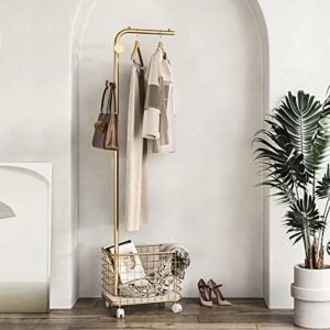 LWBLJX Gold Clothing Rack on Wheels, Rolling Garment Shelf with 3 Side Hooks and Storage Baskets, Free-Standing Display Hanging Coat Rack, 45x32x170 cm