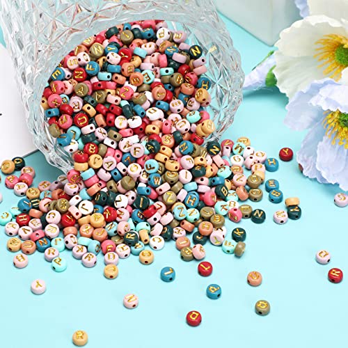 Colored Letter Beads, DECYOOL 1900Pcs 4×7mm Colorful Gold Acrylic Alphabet Beads with 1 Roll Elastic String for Bracelet Necklace Jewelry Making Supplies