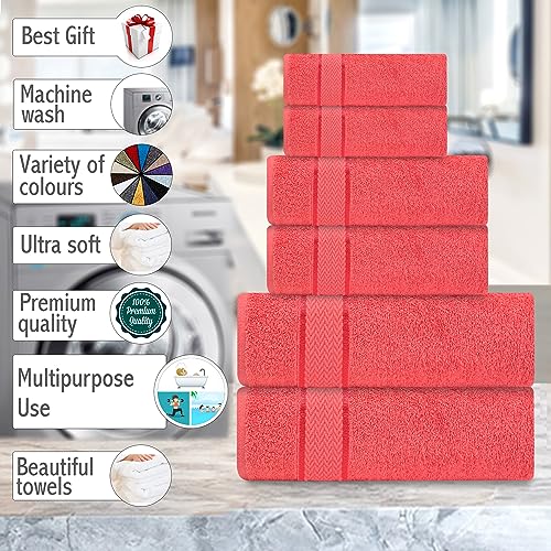 Bath Towels Set-100% Cotton-2 Bath Towels, 2 Hand Towels & 2 Washcloths-Large, Quick Dry, Absorbent, Soft & Plush, Gym, Spa, Hotel, Shower Towels -6 Piece Luxury Bathroom Towels - Coral / Dark Coral