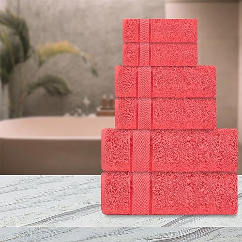 Bath Towels Set-100% Cotton-2 Bath Towels, 2 Hand Towels & 2 Washcloths-Large, Quick Dry, Absorbent, Soft & Plush, Gym, Spa, Hotel, Shower Towels -6 Piece Luxury Bathroom Towels - Coral / Dark Coral