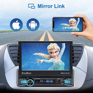 Single Din Touchscreen Car Stereo Wireless CarPlay Android Auto 7 Inch Motorized Flip Out Car Radio Player Mirror Link Flip Up Retractable Touch Screen Head Unit FM Car Audio Receiver USB/TF/AUX Port