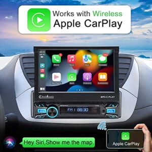 Single Din Touchscreen Car Stereo Wireless CarPlay Android Auto 7 Inch Motorized Flip Out Car Radio Player Mirror Link Flip Up Retractable Touch Screen Head Unit FM Car Audio Receiver USB/TF/AUX Port