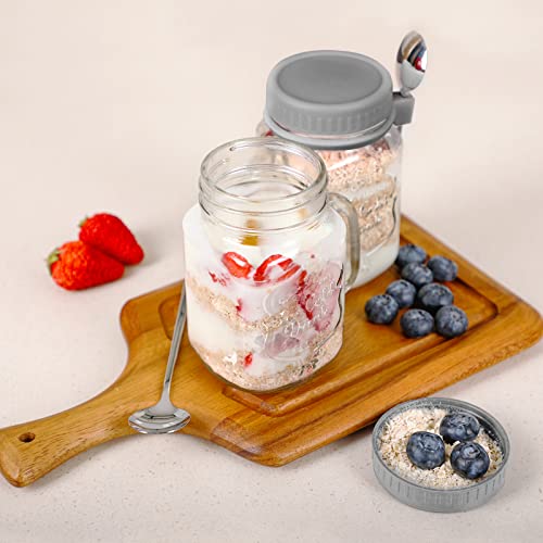 UNIWA Overnight Oats Containers with Lids and Spoon 2 Pack, Wide Mouth 16 oz Mason Jars with Handle, Glass Containers for Overnight Oats, Drinks, Milk, Cereal, and Fruit juice