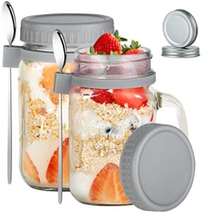 uniwa overnight oats containers with lids and spoon 2 pack, wide mouth 16 oz mason jars with handle, glass containers for overnight oats, drinks, milk, cereal, and fruit juice