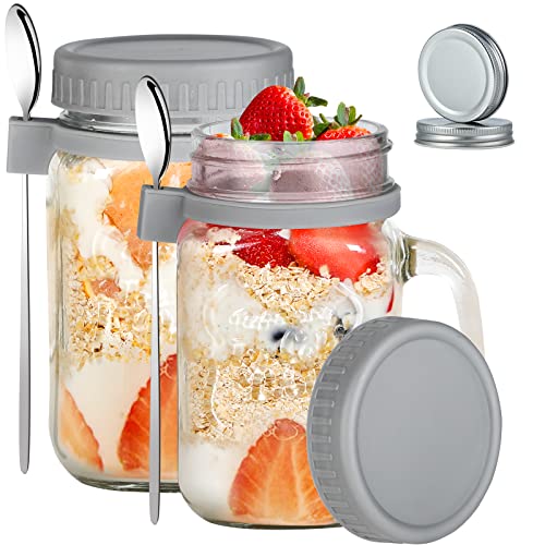 UNIWA Overnight Oats Containers with Lids and Spoon 2 Pack, Wide Mouth 16 oz Mason Jars with Handle, Glass Containers for Overnight Oats, Drinks, Milk, Cereal, and Fruit juice