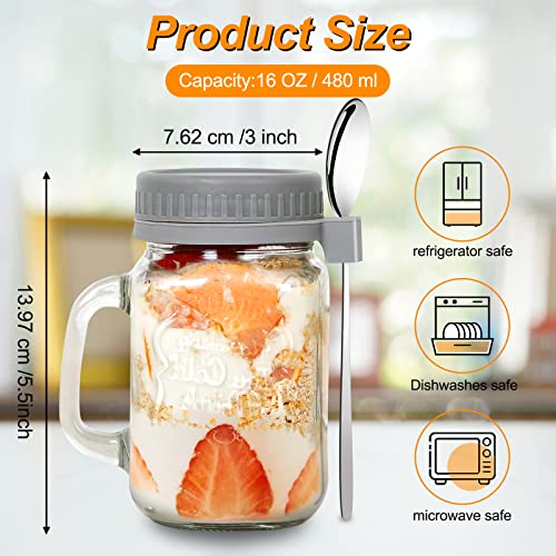 UNIWA Overnight Oats Containers with Lids and Spoon 2 Pack, Wide Mouth 16 oz Mason Jars with Handle, Glass Containers for Overnight Oats, Drinks, Milk, Cereal, and Fruit juice