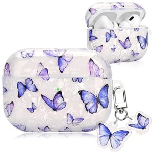 cute airpod case with butterfly pendant, kawaii dreamy blue butterfly shell design soft shockproof protective cover compatiable with airpods pro case for girls and womens