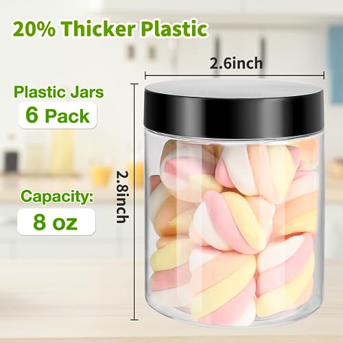 Mfacoy 6 Pack Plastic Jars with Lids, 8 oz Clear Storage Container, Leakproof Plastic Mason Jars, Empty Round Slime Container, Cosmetic Jars for Storing Dry Food, Peanut, Spice, Cookie, Candy