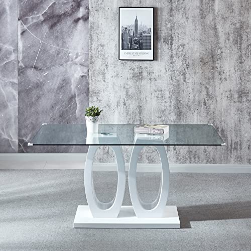 Pvillez Glass Dining Table for 6 People, 63" Modern Glass Dinner Kitchen Table for Dining Room Kitchen, Rectangular Glass Top Dining Table with White High Gloss Dual Oval Base Pedestal Dining Table