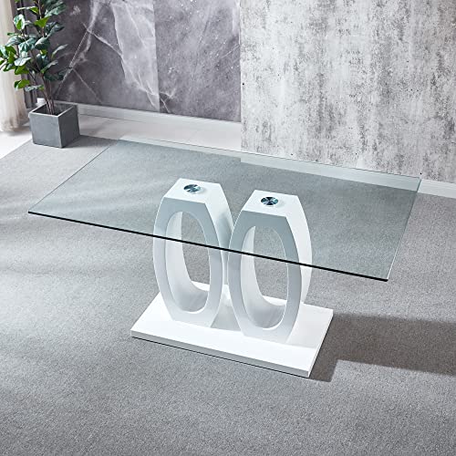 Pvillez Glass Dining Table for 6 People, 63" Modern Glass Dinner Kitchen Table for Dining Room Kitchen, Rectangular Glass Top Dining Table with White High Gloss Dual Oval Base Pedestal Dining Table