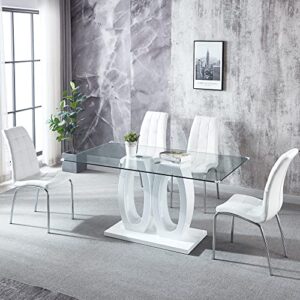 pvillez glass dining table for 6 people, 63" modern glass dinner kitchen table for dining room kitchen, rectangular glass top dining table with white high gloss dual oval base pedestal dining table