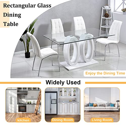 Pvillez Glass Dining Table for 6 People, 63" Modern Glass Dinner Kitchen Table for Dining Room Kitchen, Rectangular Glass Top Dining Table with White High Gloss Dual Oval Base Pedestal Dining Table