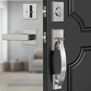 floresita front door lock set, sliver front door handle and deadbolt set adjustable, satin nickel door handle heavy and substantial exterior door handle, front entry door handle reversible