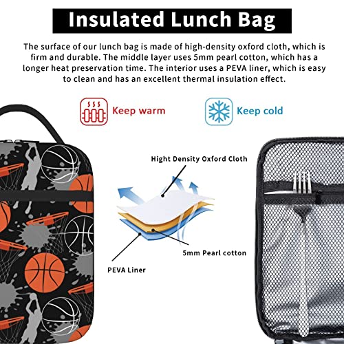 PTPLMM Basketball Lunch Box Insulated Lunch Bag Box kids Girls Boys, Reusable Small Bento Lunch Box Containers for kids Women Men, Durable Cooler Tote Bag Lunchbox for Work/Office/School/Picnic