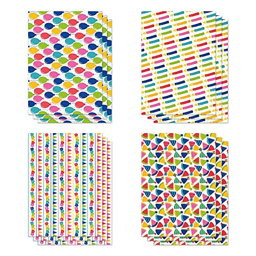 FIEHALA Happy Birthday Wrapping Paper Sheets for Girl Boy Kids - 12 Sheets with 4 Birthday Patterns - Pre cut & Folded Flat Design (20 inch × 27.5 inch per sheet)