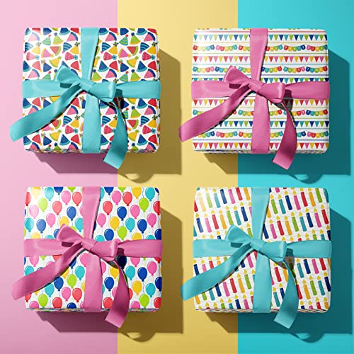 FIEHALA Happy Birthday Wrapping Paper Sheets for Girl Boy Kids - 12 Sheets with 4 Birthday Patterns - Pre cut & Folded Flat Design (20 inch × 27.5 inch per sheet)