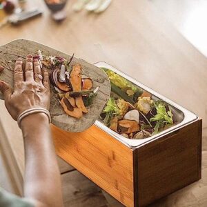 TOZSEN Kitchen Compost Bin Countertop - 1.6 Gal. Rust Proof Stainless Steel Insert, Countertop Compost Bin with Lid and Bamboo Wood Box- Large Compost Bin Kitchen