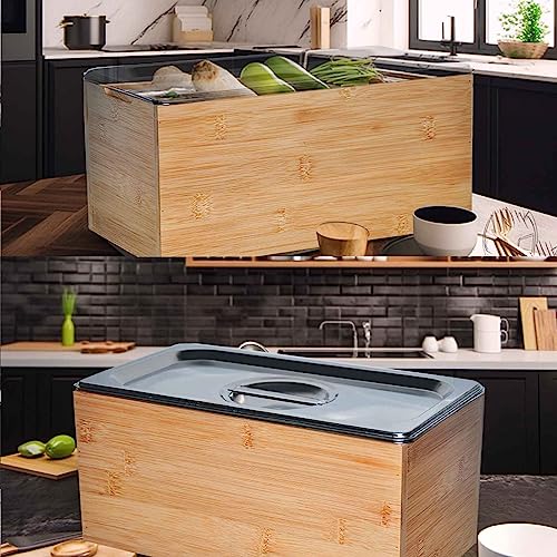 TOZSEN Kitchen Compost Bin Countertop - 1.6 Gal. Rust Proof Stainless Steel Insert, Countertop Compost Bin with Lid and Bamboo Wood Box- Large Compost Bin Kitchen