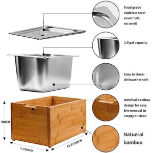 TOZSEN Kitchen Compost Bin Countertop - 1.6 Gal. Rust Proof Stainless Steel Insert, Countertop Compost Bin with Lid and Bamboo Wood Box- Large Compost Bin Kitchen