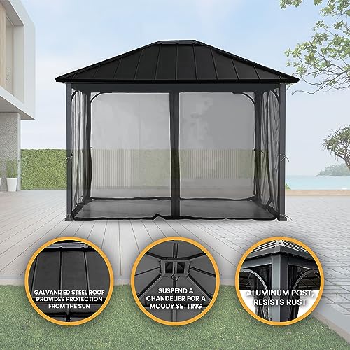 Sunjoy Hildreth 11 x 13 Foot Screened Gazebo Canopy Outdoor Pergola Tent with Steel Roof and Aluminum Posts for Backyard Patio Shade, Black