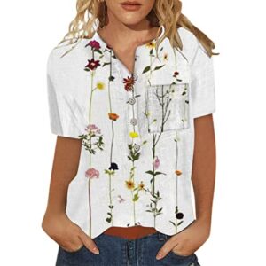 zunfeo women's cotton linen top shirts short sleeve button down vneck summer trendy tops lightweight pullover tees