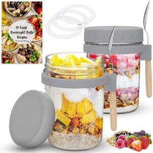 brizar overnight oats containers with lids glass - airtight overnight oats jars & recipe book - overnight oats container for food storage, oatmeal, chia pudding, fruit, yogurt - 2 pack, 10 oz