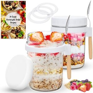 brizar glass overnight oats containers with lids - airtight overnight oats jars & recipe book - overnight oats container for food storage, oatmeal, chia pudding, fruit, yogurt - 2 pack, 10 oz