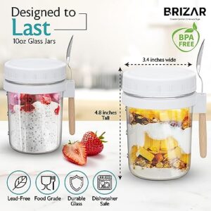 BRIZAR Glass Overnight Oats Containers with Lids - Airtight Overnight Oats Jars & Recipe Book - Overnight Oats Container for Food Storage, Oatmeal, Chia Pudding, Fruit, Yogurt - 2 Pack, 10 oz