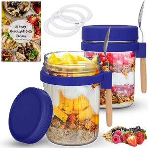 brizar glass overnight oats containers with lids - airtight overnight oats jars & recipe book - overnight oats container for food storage, oatmeal, chia pudding, fruit, yogurt - 2 pack, 10 oz