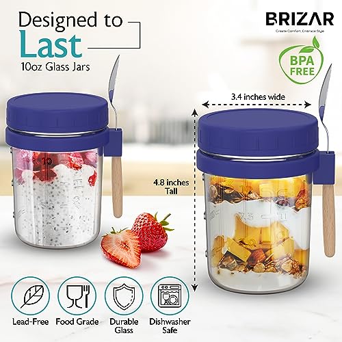 BRIZAR Glass Overnight Oats Containers with Lids - Airtight Overnight Oats Jars & Recipe Book - Overnight Oats Container for Food Storage, Oatmeal, Chia Pudding, Fruit, Yogurt - 2 Pack, 10 oz