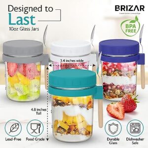 BRIZAR Overnight Oats Containers with Lids Glass - Airtight Overnight Oats Jars & Recipe Book - Overnight Oats Container for Food Storage, Oatmeal, Chia Pudding, Fruit, Yogurt - 4 Pack, 10oz