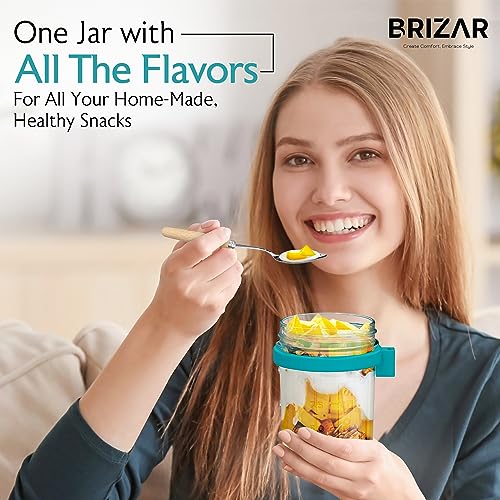 BRIZAR Overnight Oats Containers with Lids Glass - Airtight Overnight Oats Jars & Recipe Book - Overnight Oats Container for Food Storage, Oatmeal, Chia Pudding, Fruit, Yogurt - 4 Pack, 10oz