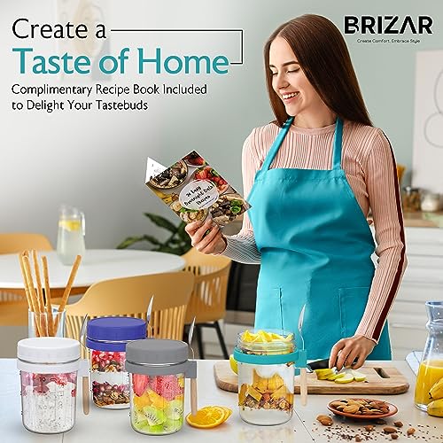 BRIZAR Overnight Oats Containers with Lids Glass - Airtight Overnight Oats Jars & Recipe Book - Overnight Oats Container for Food Storage, Oatmeal, Chia Pudding, Fruit, Yogurt - 4 Pack, 10oz