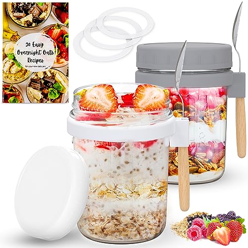 BRIZAR Glass Overnight Oats Containers with Lids - Airtight Overnight Oats Jars & Recipe Book - Overnight Oats Container for Food Storage, Oatmeal, Chia Pudding, Fruit, Yogurt - 2 Pack, 10 oz