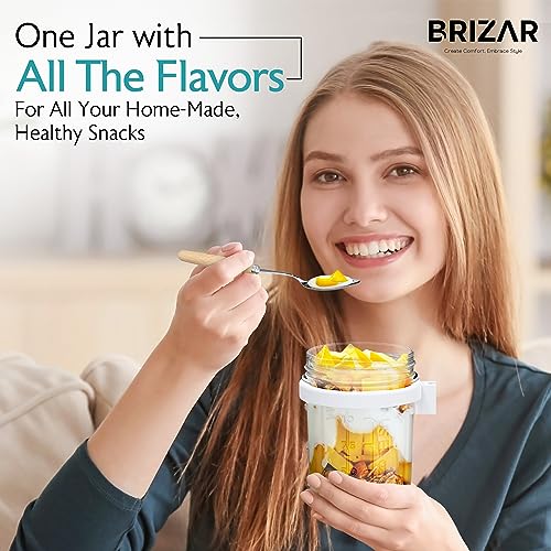 BRIZAR Glass Overnight Oats Containers with Lids - Airtight Overnight Oats Jars & Recipe Book - Overnight Oats Container for Food Storage, Oatmeal, Chia Pudding, Fruit, Yogurt - 2 Pack, 10 oz