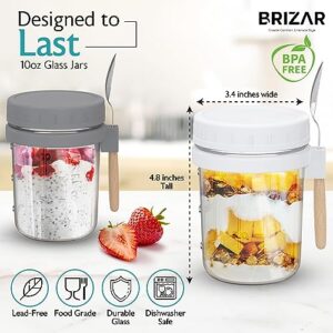 BRIZAR Glass Overnight Oats Containers with Lids - Airtight Overnight Oats Jars & Recipe Book - Overnight Oats Container for Food Storage, Oatmeal, Chia Pudding, Fruit, Yogurt - 2 Pack, 10 oz