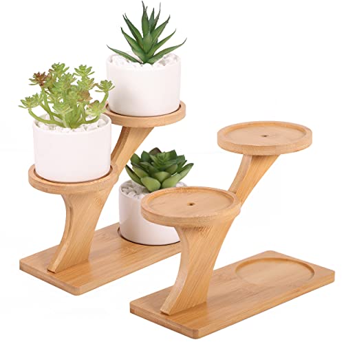 FAHAWEL Tabletop Bamboo Succulent Plant Stand Indoors Desktop Window Sill Plant Shelf 2 Packs, Small Mini Cute 3 Tier Plant Holder for Indoor Plants Table Top Desk Tiered Planter Flower Pot Holder