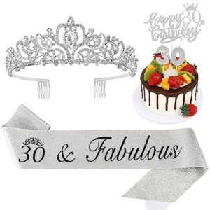 hapdoo 30th birthday decorations women, including 30th birthday rhinestone crown tiara, 30&fabulous sash with pearl pin, happy birthday cake topper and number candles, 30th birthday gifts for women, silver